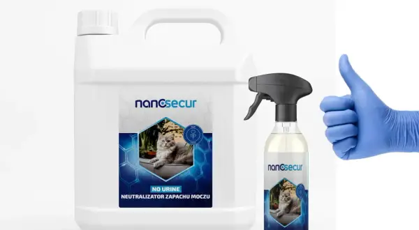 Skuteczny sposób, jak pozbyć się zapachu kociego moczu. Zestaw Nanosecur: duży kanister i atomizer. Kciuk w górę!