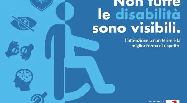 Non tutte le disabilità sono visibili. Icone mostrano cuore, occhio coperto, mani con pillole, cervello, orecchio. Rispetto per chi vive una disabilità invisibile.