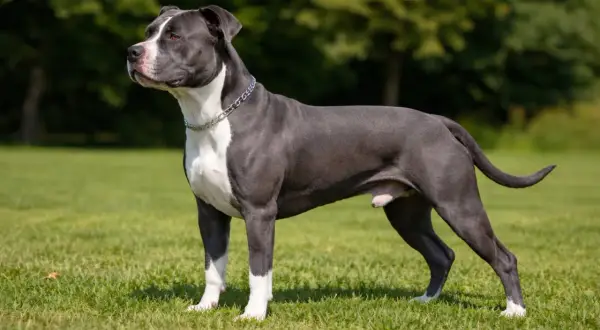 Elegancki staffordshire bull terrier blue na trawie, z białą klatką piersiową i łapami.