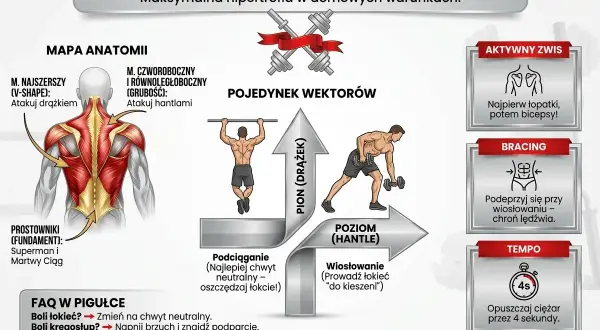 Anatomia i trening pleców: ćwiczenia na drążku i z hantlami. Podciąganie i wiosłowanie budują mięśnie.