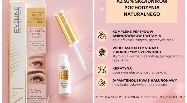 Serum Eveline na porost rzęs i brwi. Zapewnia dłuższe i gęstsze rzęsy dzięki naturalnym składnikom. Efekt widoczny po 8 tygodniach.