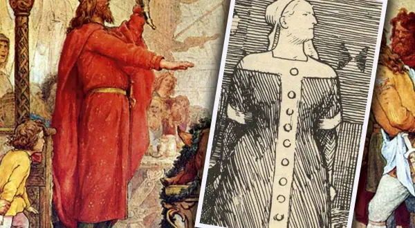 A king in a red robe holds a horn, with a drawing of a woman in a tunic on the right.