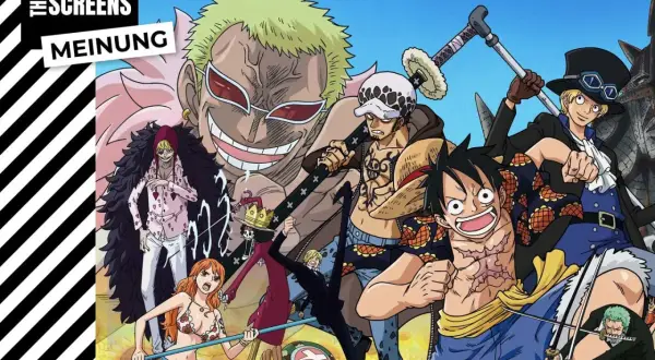 Ein "One Piece"-Pause-Moment mit Luffy, Law, Sabo, Doflamingo und anderen Piraten vor einer Sonnenblumenwiese.
