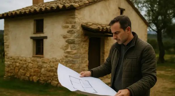 Hombre revisa planos frente al **cortijo Barranco Hondo**, una edificación rústica de piedra y tejas.