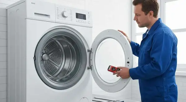 Un technicien examine une machine à laver Hotpoint avec un outil, suggérant un problème.