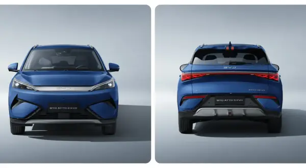 Dwa ujęcia niebieskiego BYD ATTO 3 EVO: przód i tył. Elegancki SUV elektryczny gotowy na przygodę.