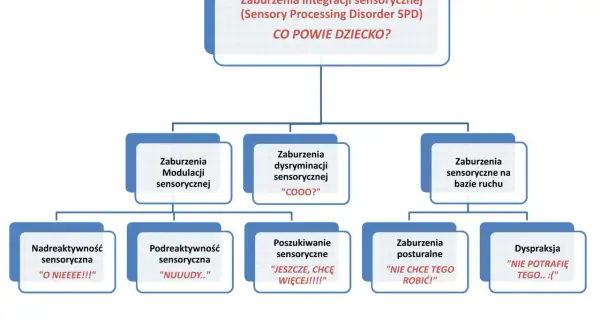 Schemat zaburzeń integracji sensorycznej (SPD) z podziałem na rodzaje i przykładowymi wypowiedziami dzieci.