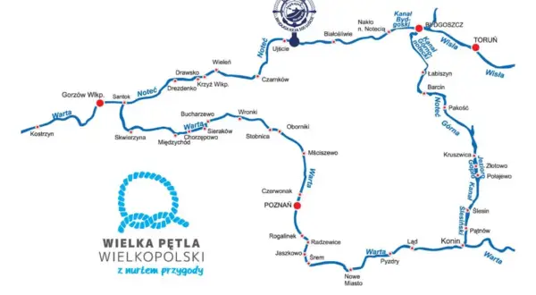 Mapa Wielkiej Pętli Wielkopolski z zaznaczonymi rzekami Wartą i Notecią, w tym dopływ Noteci.
