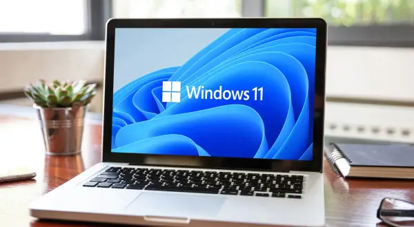 Laptop z logo Windows 11 na ekranie. Sprawdź, czy Twój sprzęt spełnia **windows 11 wymagania**, by cieszyć się nowym systemem.