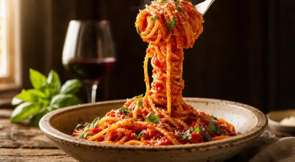 En gaffel lyfter en imponerande hög med ångande spaghetti med tomatsås, perfekt för ett enkelt nudlar recept. Basilika och parmesan toppar pastan.