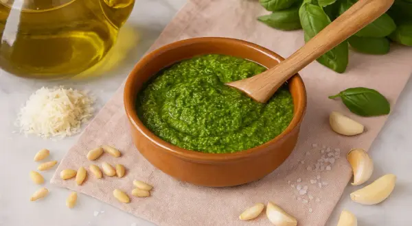 Frisches **Pesto Genovese** in einer Schale, umgeben von Pinienkernen, Parmesan, Knoblauch, Basilikum und Olivenöl.