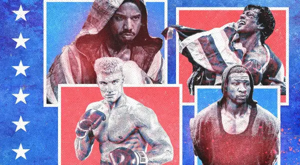 Four iconic boxers in their prime: Adonis Creed, Ivan Drago, Rocky Balboa, and Apollo Creed.