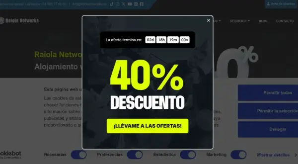 Ventana emergente que anuncia un 40% de descuento. La oferta termina pronto. ¡Aprovecha la promoción!