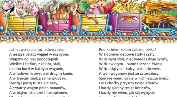 Ilustracja do "Lokomotywy" Juliana Tuwima. Dzieci i zwierzęta w kolorowych wagonach pociągu. Biografia dla dzieci.