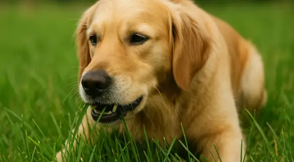 Złoty retriever leży na trawie i gryzie zielone źdźbła.