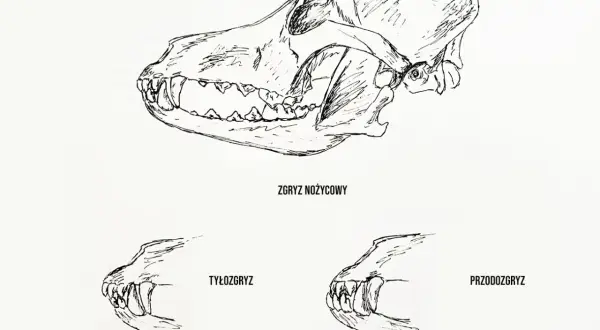 Ilustracja przedstawia czaszkę psa z zaznaczonym zgryzem nożycowym, a także przykłady tyłozgryzu i przodozgryzu.