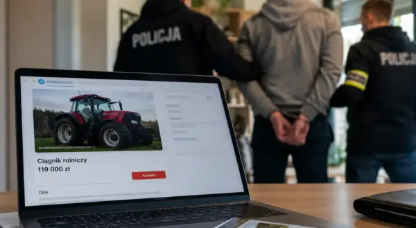 Policja zatrzymała mężczyznę podejrzanego o przekręt nigeryjski. Na ekranie laptopa widnieje oferta sprzedaży ciągnika rolniczego.