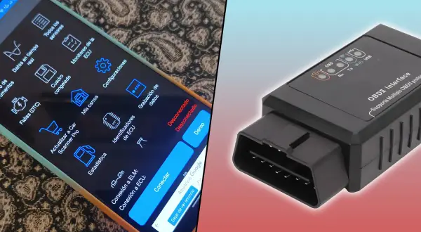 Teléfono con app de diagnóstico automotriz y dispositivo de **conexión OBD** para leer datos del coche.