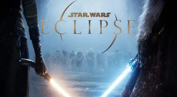 Star Wars Eclipse: dwaj rycerze z mieczami świetlnymi, jeden z żółtym, drugi z niebieskim, stoją naprzeciw siebie na mroźnym polu bitwy.