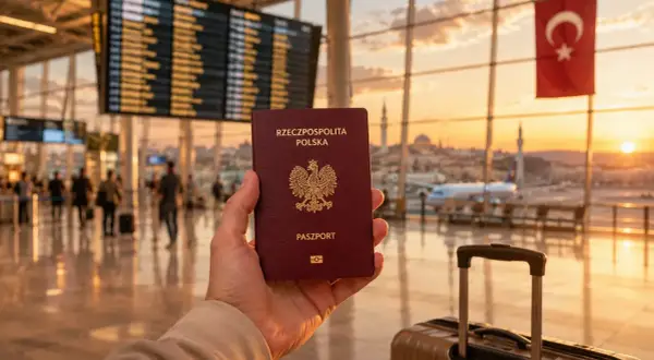 Pasport polski w dłoni, lotnisko, flaga Turcji. Czy do Turcji potrzebna jest wiza? Podróż do Stambułu.
