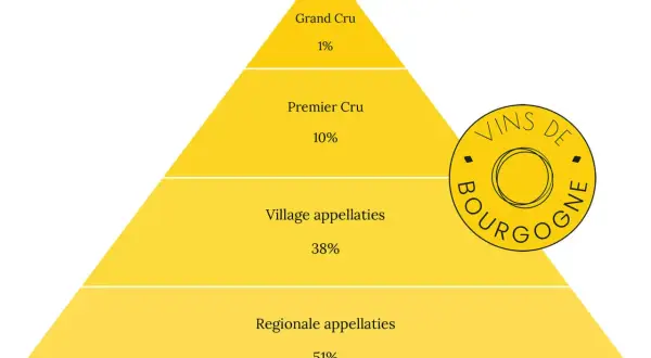 Gelbe Pyramide zeigt Weinqualitäten: Grand Cru (1%), Premier Cru (10%), Village (38%) und Regionale Appellationen (51%).