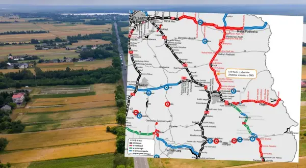 Mapa Polski z zaznaczoną drogą ekspresową S19, pokazującą jej przebieg i status budowy.