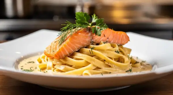 Délicieuses tagliatelles au saumon, nappées d'une sauce crémeuse et garnies d'aneth et de persil frais. Un plat savoureux et coloré.