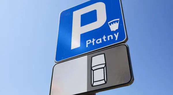 Znak D18 informuje o płatnym parkingu. Widoczny jest symbol samochodu i niebo.