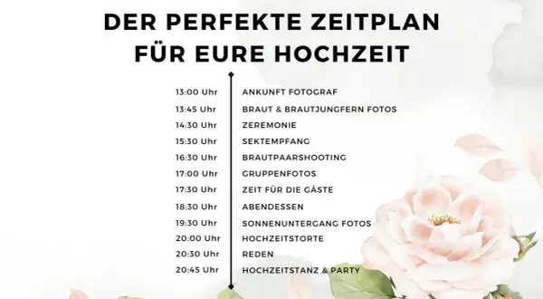 Der perfekte Zeitplan für eure Hochzeit: Von der Ankunft des Fotografen bis zum Hochzeitstanz, alles ist geplant.