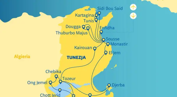Mapa Tunezji z zaznaczonymi miastami i trasami. Widoczna jest wyspa Djerba, Sycylia i Algieria.