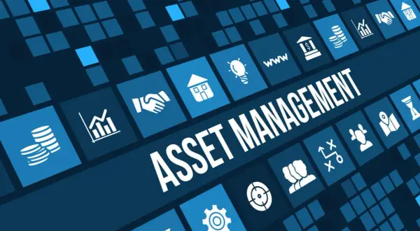 Grafika przedstawia hasło "ASSET MANAGEMENT" otoczone ikonami symbolizującymi zarządzanie zasobami, inwestycje i rozwój.