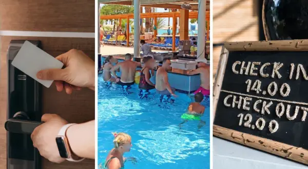 Otwieranie drzwi kartą, ludzie w basenie i tablica z godzinami check-in/check-out. To wszystko czeka na Ciebie w ramach doby hotelowej.