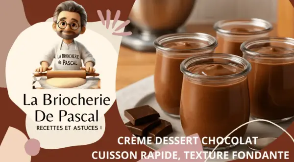 Quatre pots de crème au chocolat onctueuse, parfaits pour un dessert rapide et gourmand. Un chef pâtissier prépare la pâte.