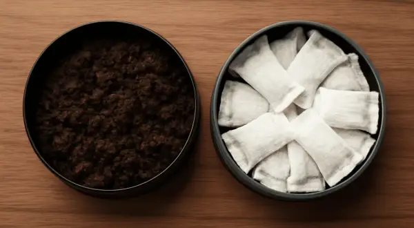 Två dosor på ett träbord: en med lössnus, den andra med portionssnus. Ett alternativ till cigaretter.
