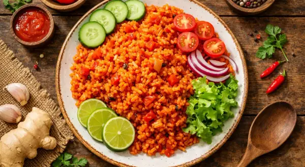 Ein Teller mit leckerem Jollof Rice, garniert mit Tomaten, Gurken, Zwiebeln und Salat. Dazu Limettenspalten und Gewürze.