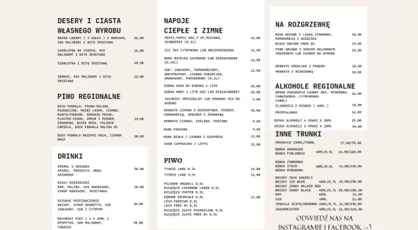 Menu karczmy z deserami, napojami, piwami regionalnymi, drinkami i alkoholami.