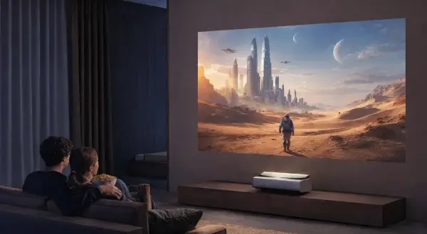 Para w salonie ogląda film science-fiction na wielkim ekranie. Czy projektory krótkiego rzutu zamiast telewizora do salonu to dobry pomysł?