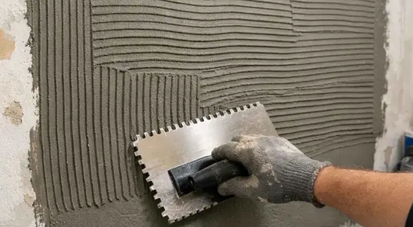 Main tenant, une truelle dentée pour étaler la colle carrelage préparée sur un mur. Les sillons créés par la truelle sont visibles.