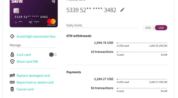 Limit dzienny na skrill wypłata z bankomatu: 1094.76 USD, 10 transakcji. Zarządzaj kartą, blokuj, pokaż PIN.
