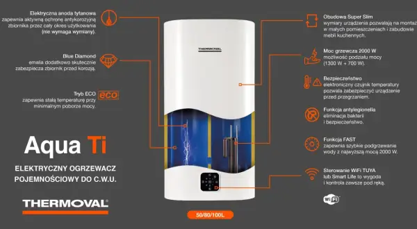 Bojler elektryczny Aqua Ti marki Thermoval z funkcją ECO, ochroną antykorozyjną i sterowaniem WiFi.
