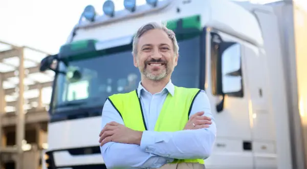 Un chauffeur souriant, en gilet fluo, prêt pour son passage aux mines poids lourds.