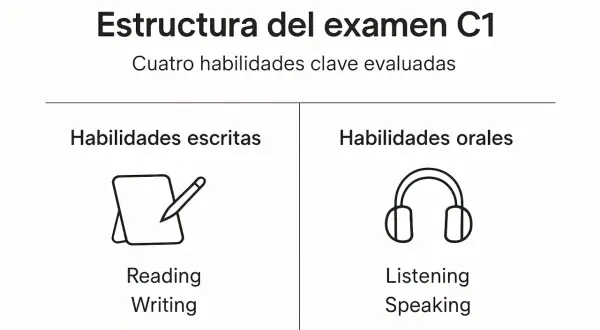 Estructura del examen C1: habilidades escritas (reading, writing) y orales (listening, speaking).