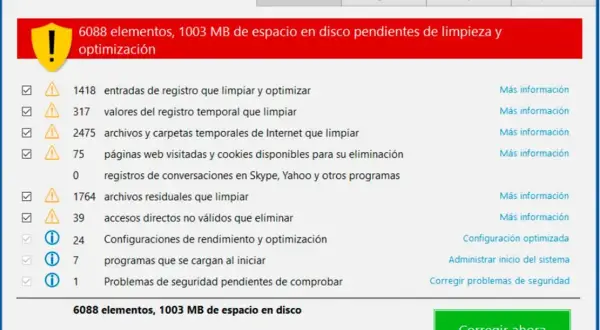 OneSafe PC Cleaner: limpiador de pc gratis en español para Windows 10. Muestra 6088 elementos y 1003 MB de espacio a liberar.