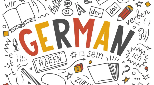 Kolorowe litery tworzą napis "GERMAN". Wokół mnóstwo niemieckich słówek: "Hallo", "haben", "sein", "ich", "du", "Zukunft", "Zeiten". Nauka niemieckiego to przygoda!