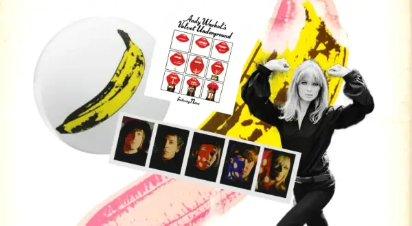 Andy Warhol's Velvet Underground z Nico, bananem i zdjęciami zespołu. W stylu "Venus in Furs".