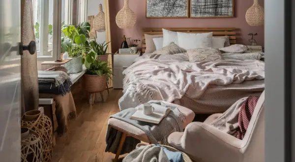 Sypialnia w stylu biophilic design: dużo roślin, naturalne materiały i spokojne kolory tworzą oazę spokoju.