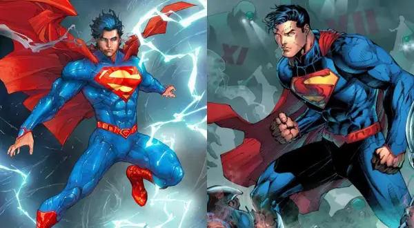 Superman w ikonicznym kostiumie, otoczony błyskawicami i w walce z robotem.