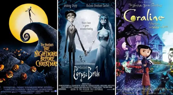 Plakaty filmów Tima Burtona: "Miasteczko Halloween", "Gnijąca panna młoda" i "Coraline".