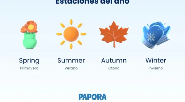 Ilustraciones de las estaciones: primavera con flores, verano con sol, otoño con hoja de arce y invierno con manoplas. Aprende las estaciones en inglés.