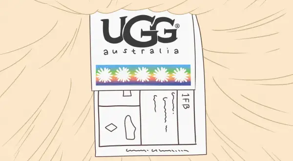 Metka z logo UGG Australia i tęczowym paskiem z kwiatkami. Podpowiada, jak rozpoznać oryginalne UGG.